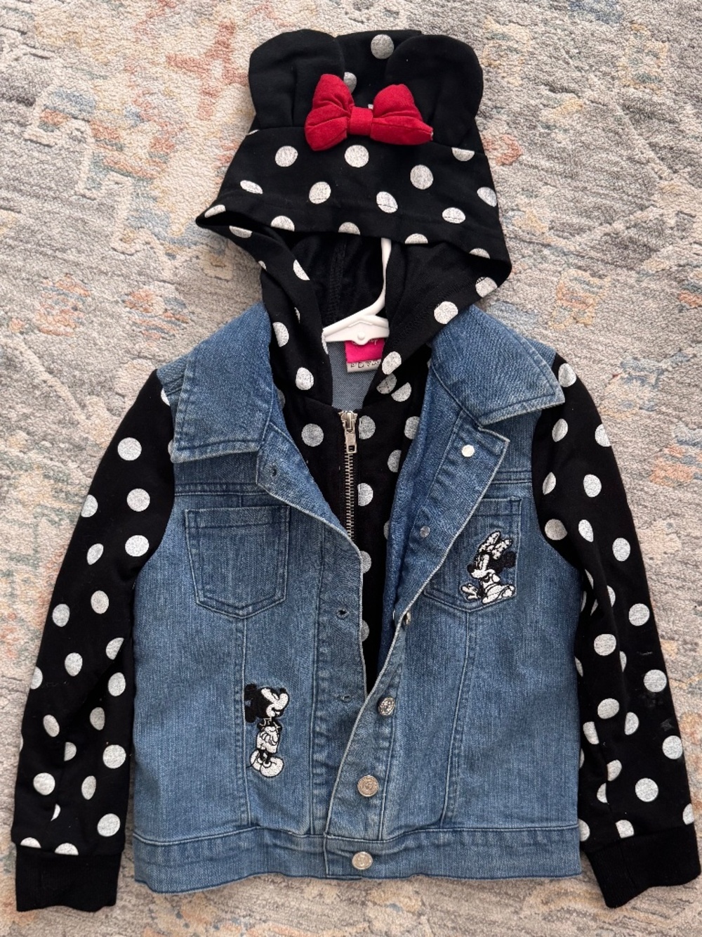 Disney Minnie Mouse Girls Hooded Denim Jacket Size 5 | Polka Dot Zip Hoodie